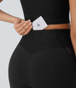 SoftlyZero™ High Waisted Crossover Pocket Contrast Lace Flare Yoga Leggings - Black