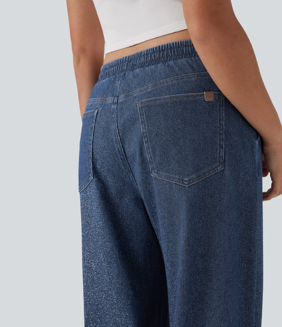 Halara Flex™ Low Rise Drawstring Wide Leg Sparkle Casual Sweatpants Jeans with Pockets - Tide Blue Denim
