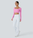 Ribbed Halter Strap Thumb Hole Cropped Yoga Sports Top - Soft Light Purple