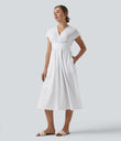 Breezeful™ V Neck Short Sleeve Pocket Tie Back Quick Dry Midi Casual Dress - White