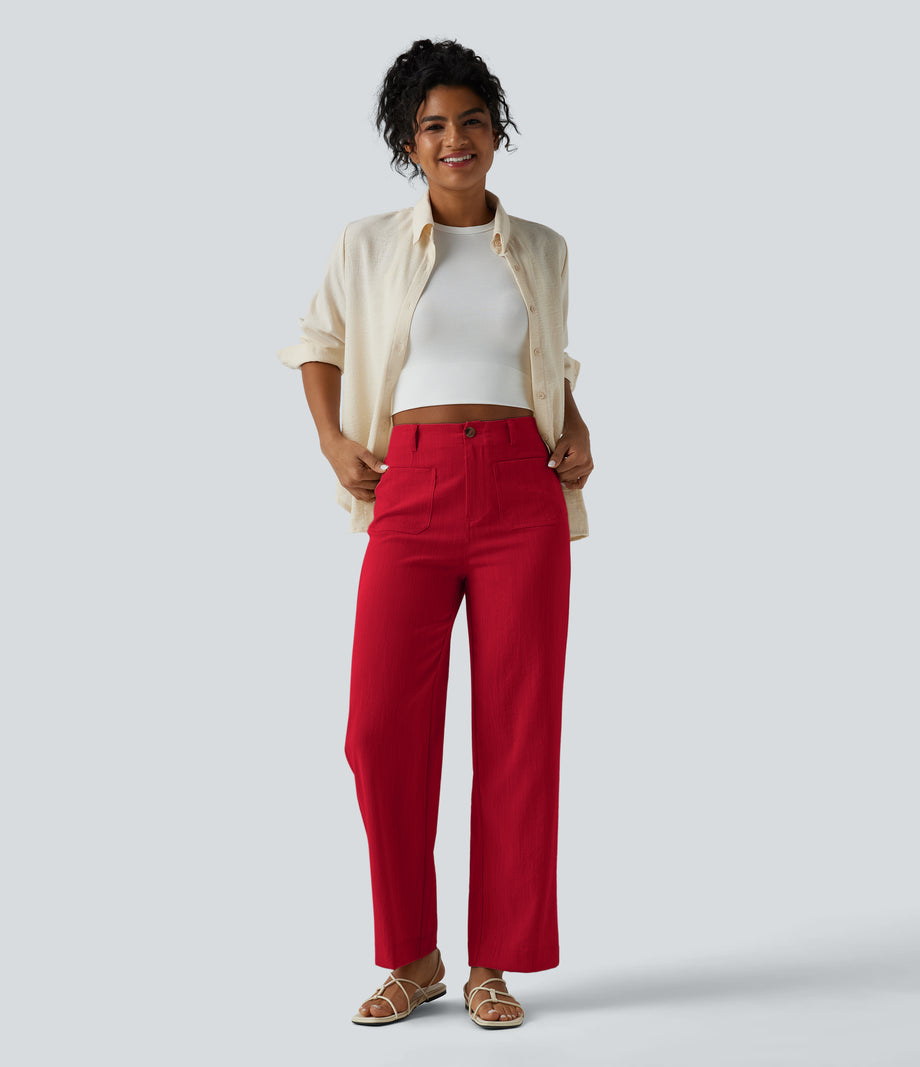 High Waisted Straight Leg Casual Linen-Feel Pants with Pockets - Cinnabar Glow Red