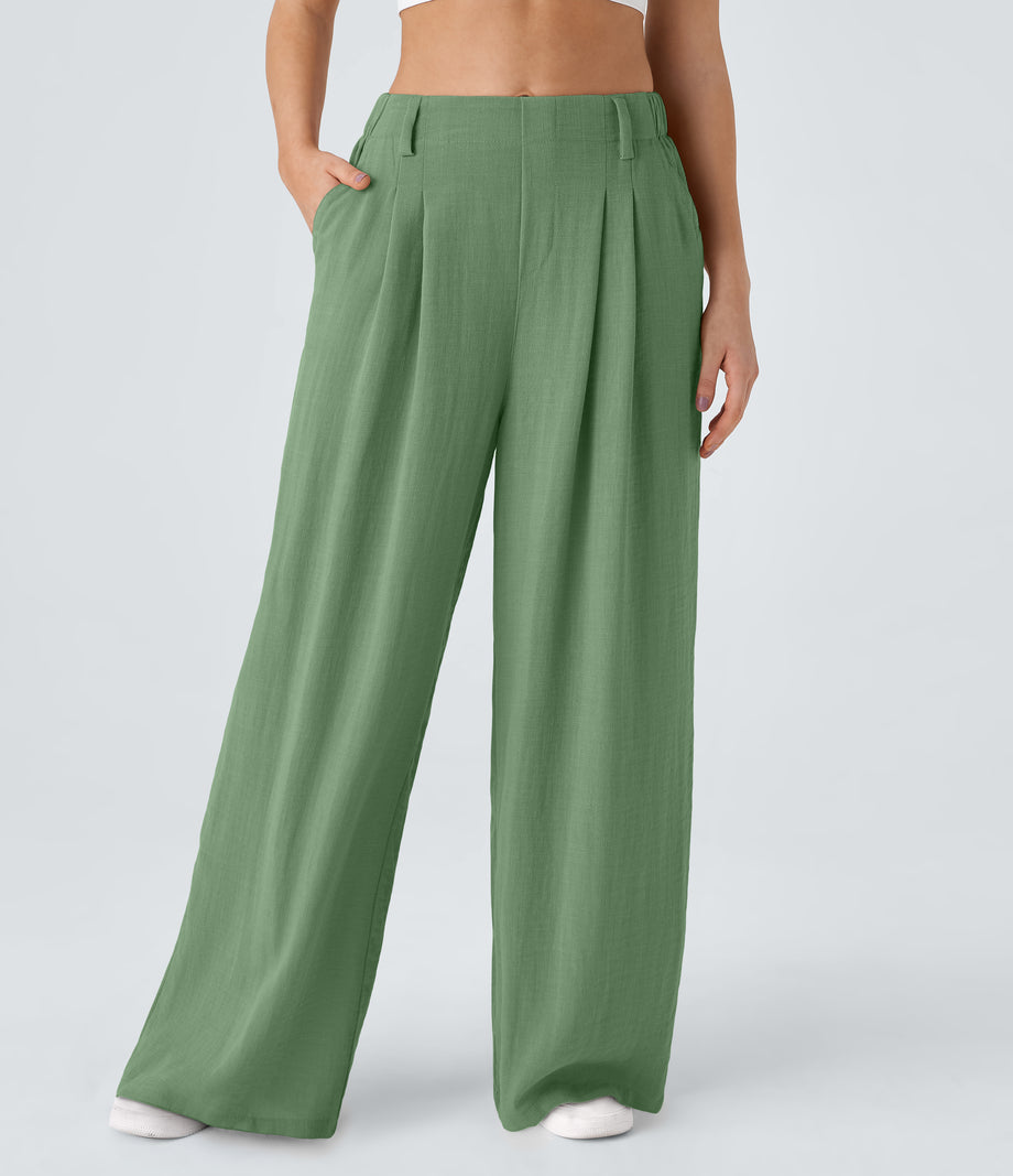 High Waisted Pocket Wide Leg Flowy Solid Palazzo Casual Linen-Feel Pants - Kashmir