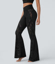 SoftlyZero™ High Waisted Crossover Pocket Contrast Lace Flare Yoga Leggings - Black