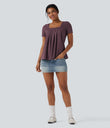 Square Neck Short Sleeve Casual Top - Plum Wine