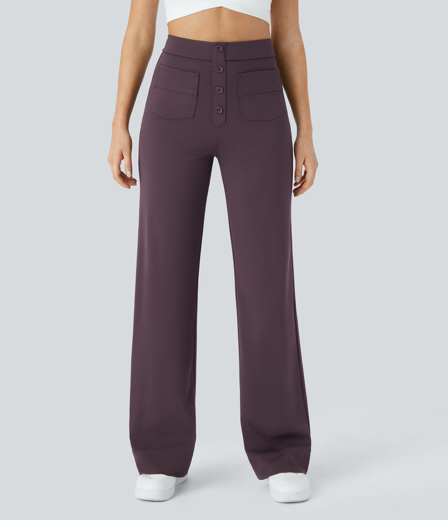 DayStretch High Waisted Pockets Straight Leg Casual Pants - Dusky Evening purple