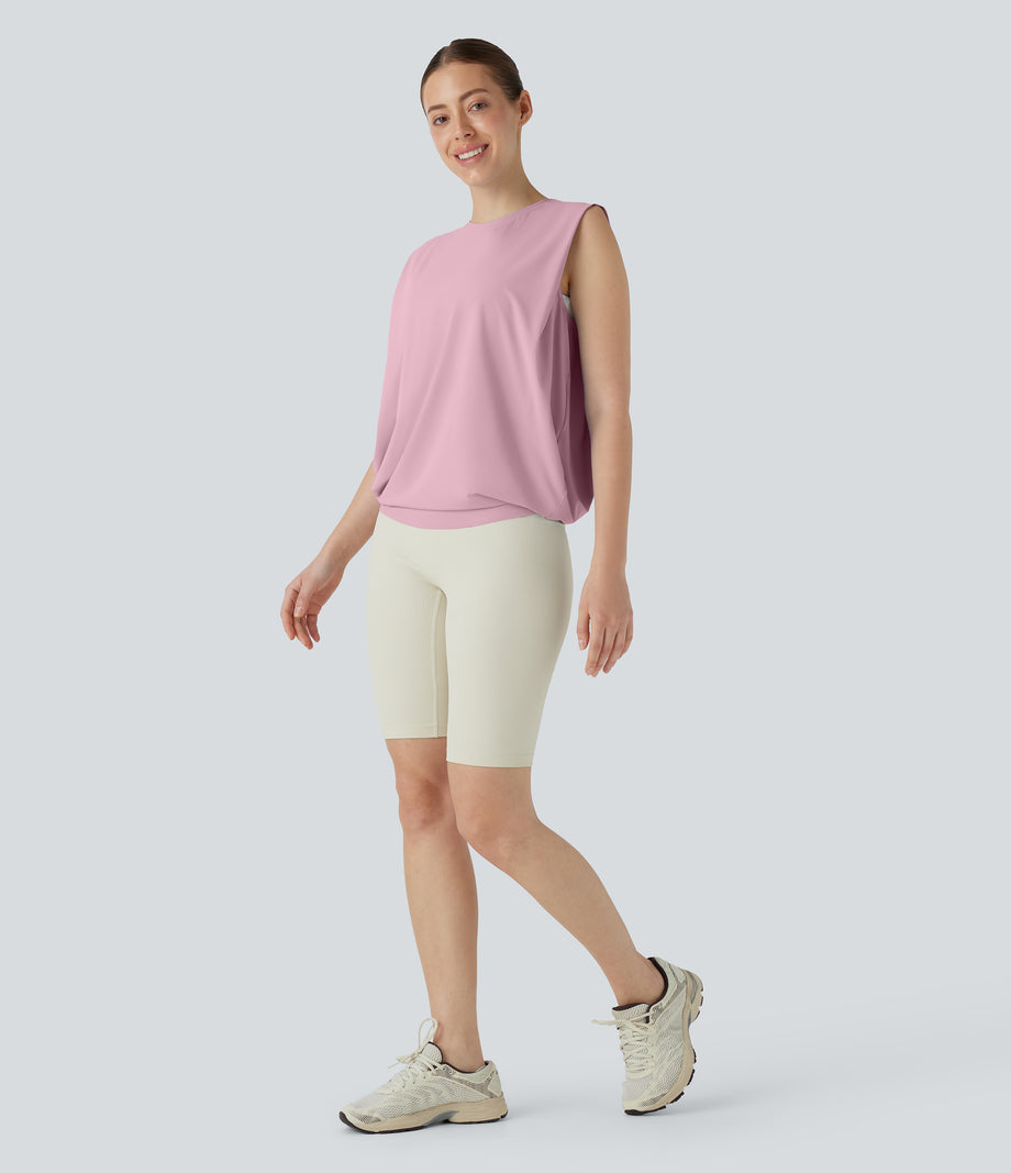 Round Neck Ruched Cool Touch Yoga Tank Top-UPF50+ - Pink Nectar