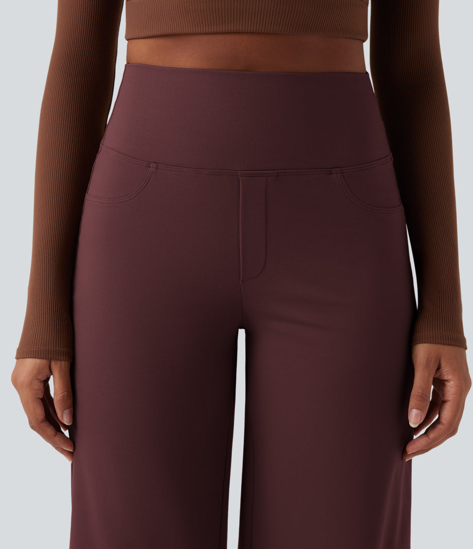DayStretch High Waisted Tummy Control Wide Leg Baggy Yoga Pants with Pockets - Red Mahogany