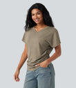 V-neck Short Sleeve Ruched Relaxed Casual Top - Khaki Floral Yarn