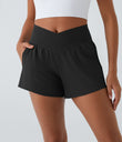 Breezeful™ High Waisted Crossover Pocket 2-in-1 Quick Dry Yoga Shorts 4" - Black