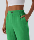 High Waisted Zipper Pocket Cropped Linen-Feel Pants - Kelly Green
