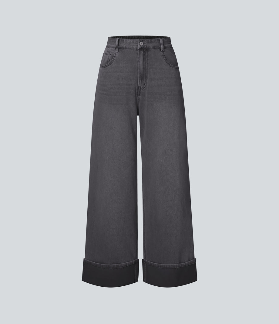 Halara Flex™ High Waisted Pockets Rolled Hem Wide Leg Washed Casual Jeans - Bright gray denim