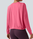 Round Neck Long Sleeve Ruched Yoga Sports Top-UPF50+ - Pink Lemonade