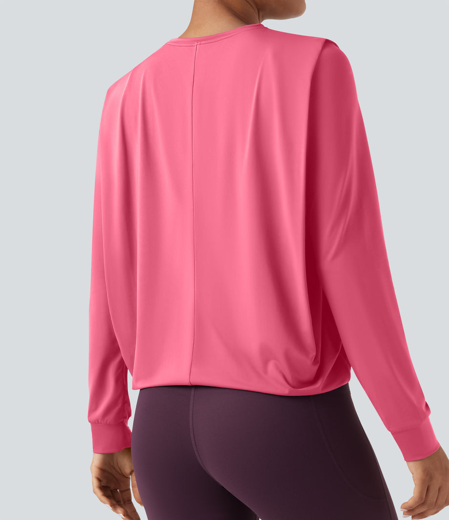 Round Neck Long Sleeve Ruched Yoga Sports Top-UPF50+ - Pink Lemonade