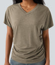 V-neck Short Sleeve Ruched Relaxed Casual Top - Khaki Floral Yarn