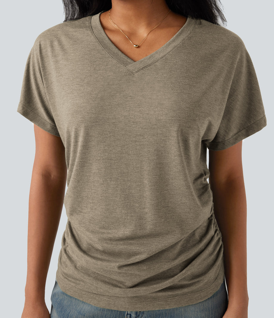 V-neck Short Sleeve Ruched Relaxed Casual Top - Khaki Floral Yarn