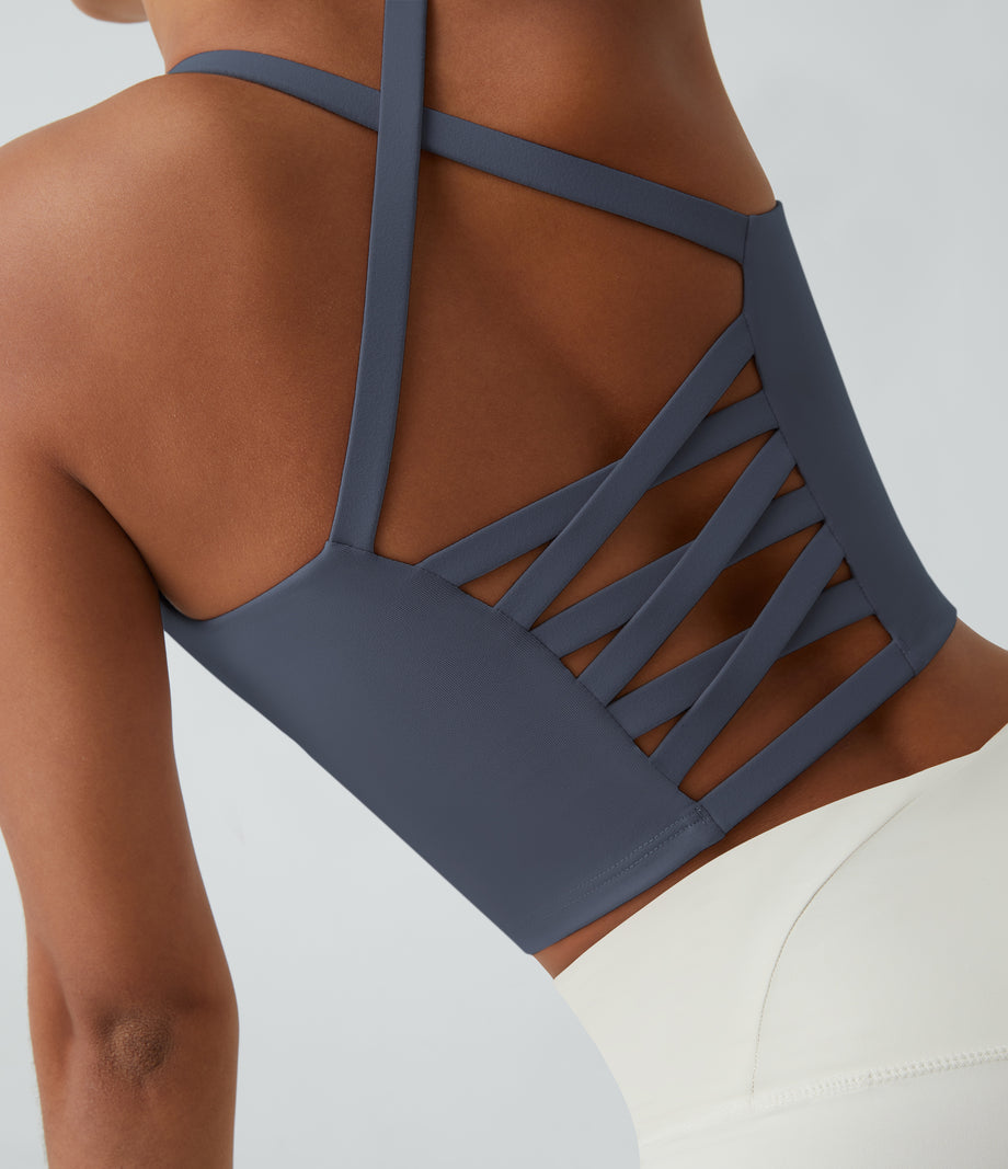 Crisscross Backless Built-in Bra Cropped Running Tank Top A-D Cups - Bering Sea