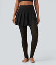 Breezeful™ High Waisted Pleated 2-in-1 Contrast Mesh Quick Dry Dance Stirrup Skirted Leggings with Pockets - Black