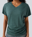 V-neck Short Sleeve Ruched Relaxed Casual Top - Jade Green Floral Yarn