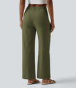 High Waisted Straight Leg Casual Linen-Feel Pants with Pockets - Moss Dune Green