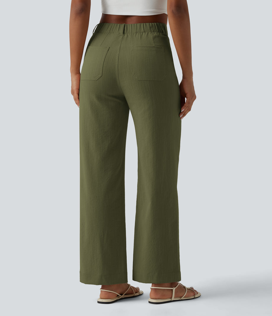 High Waisted Straight Leg Casual Linen-Feel Pants with Pockets - Moss Dune Green