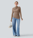 Mock-neck Long Sleeve Ruched Asymmetric Hem Thermal Casual Top - Amphora