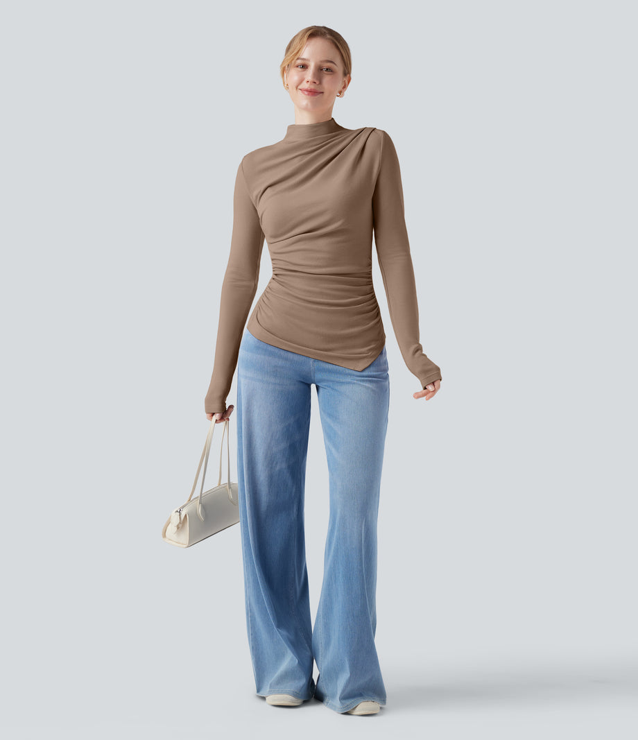 Mock-neck Long Sleeve Ruched Asymmetric Hem Thermal Casual Top - Amphora