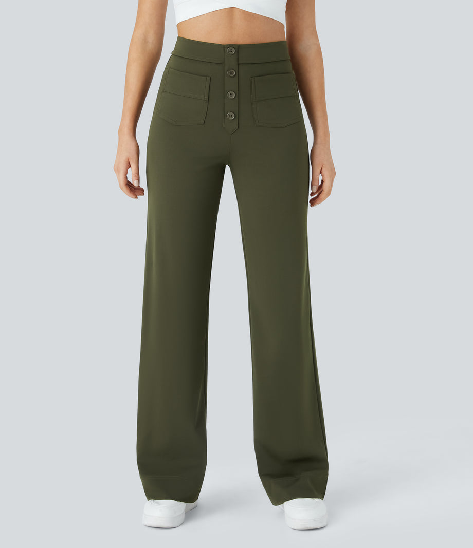 DayStretch High Waisted Pockets Straight Leg Casual Pants - Forest Night