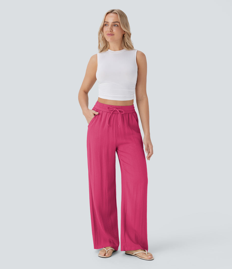 High Waisted Drawstring Pocket Wide Leg Baggy Casual Linen-Feel Pants - Raspberry Sorbet