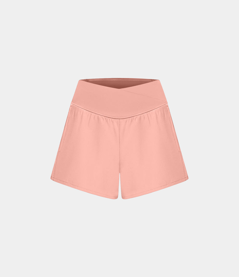 Breezeful™ High Waisted Crossover Pocket 2-in-1 Quick Dry Yoga Shorts 4" - Blossom