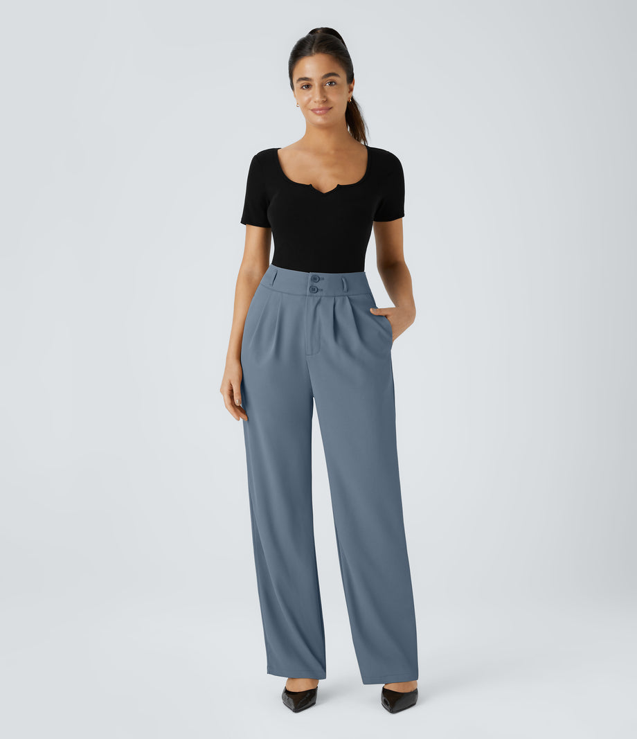 Halara Flex™ High Waisted Zipper Pocket Shirred Straight Leg Work Pants - Coronet Blue