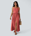 Twisted Backless Split Flowy Maxi Resort Dress with Pockets - Poinsettia Floral Yarn
