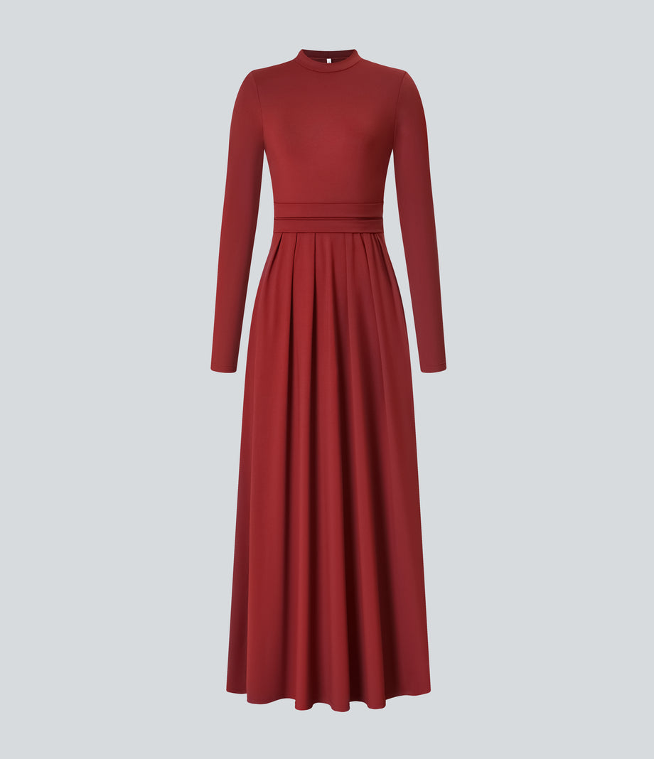 Mock-neck Long Sleeve Pocket Flare Maxi Casual Dress - Emboldened