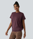 Round Neck Short Sleeve Ruched Cool Touch Yoga Sports Top-UPF50+ - Fig
