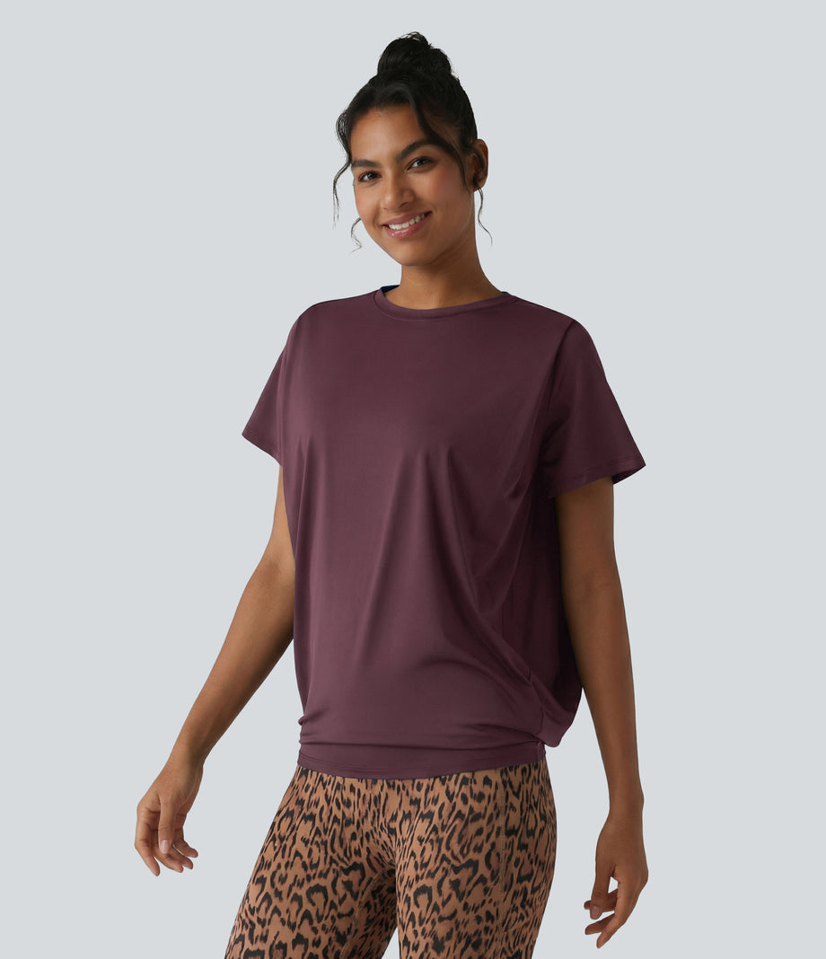 Round Neck Short Sleeve Ruched Cool Touch Yoga Sports Top-UPF50+ - Fig
