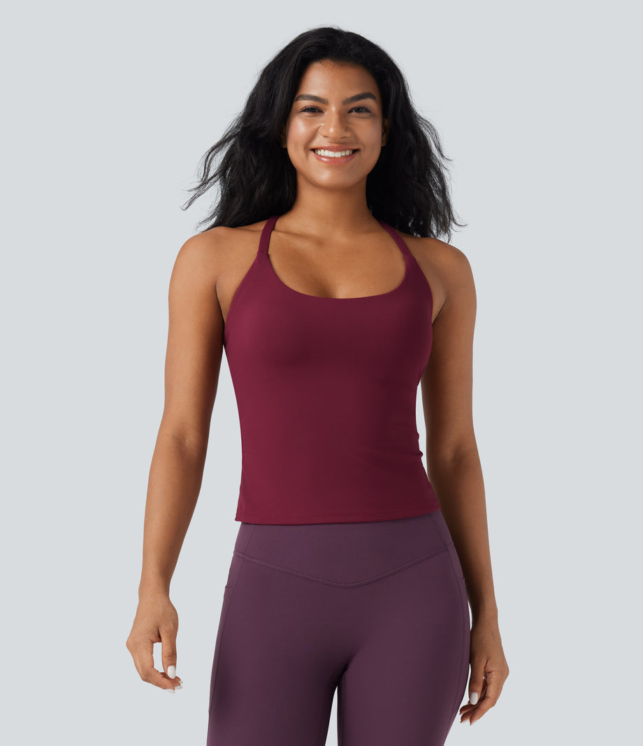 Scoop Neck Crisscross Back Crossover Hem Yoga Cami Top - Deep Wine