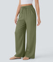 High Waisted Drawstring Pocket Wide Leg Baggy Casual Linen-Feel Pants - Loden Green