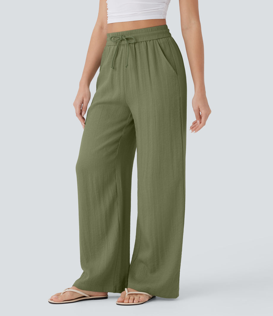 High Waisted Drawstring Pocket Wide Leg Baggy Casual Linen-Feel Pants - Loden Green