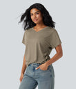 V-neck Short Sleeve Ruched Relaxed Casual Top - Khaki Floral Yarn