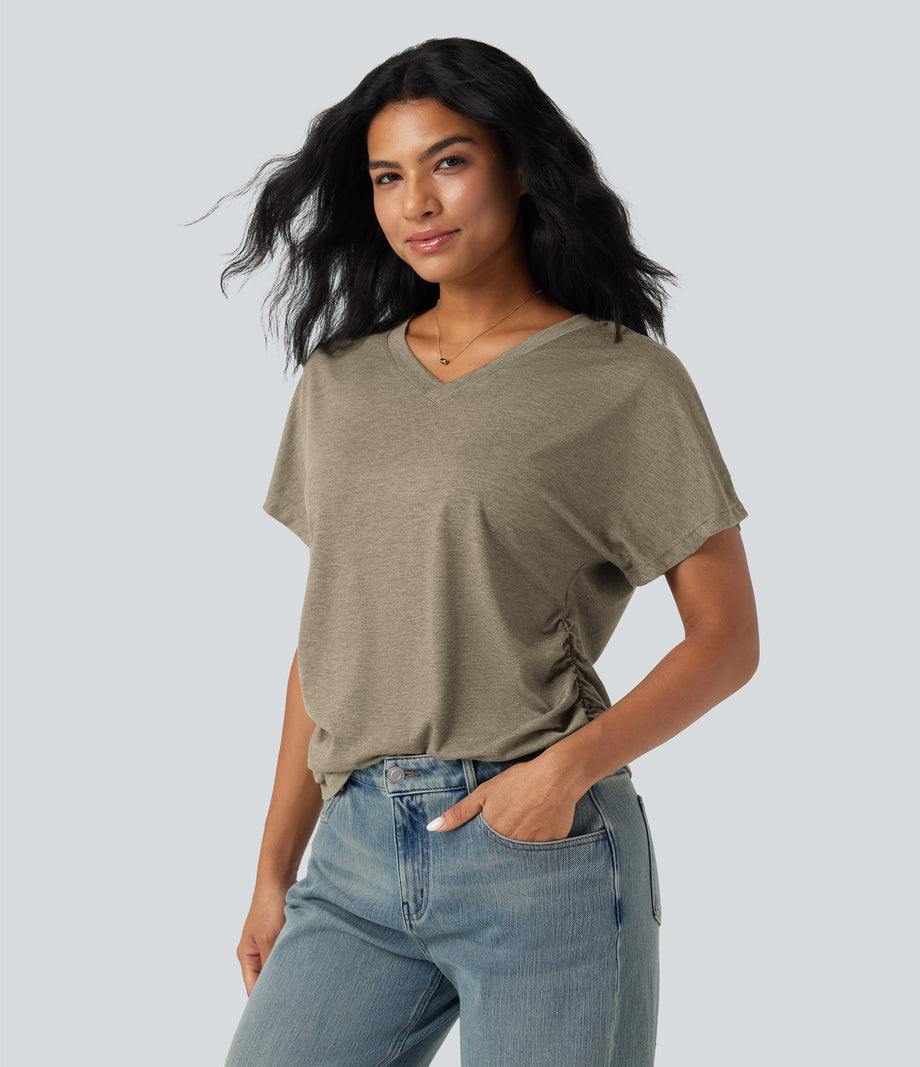 V-neck Short Sleeve Ruched Relaxed Casual Top - Khaki Floral Yarn