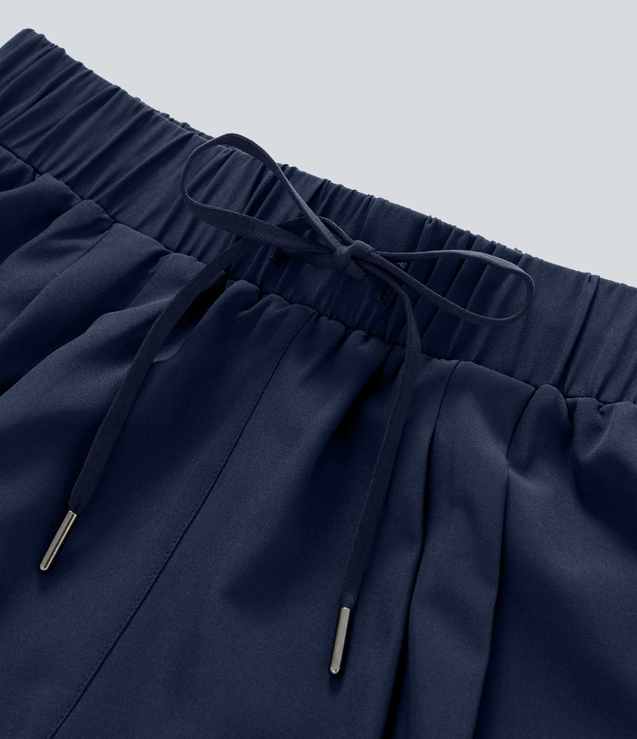 High Waisted Elastic Waistband Drawstring Pleated Yoga Shorts 3" with Pockets - Night Blue