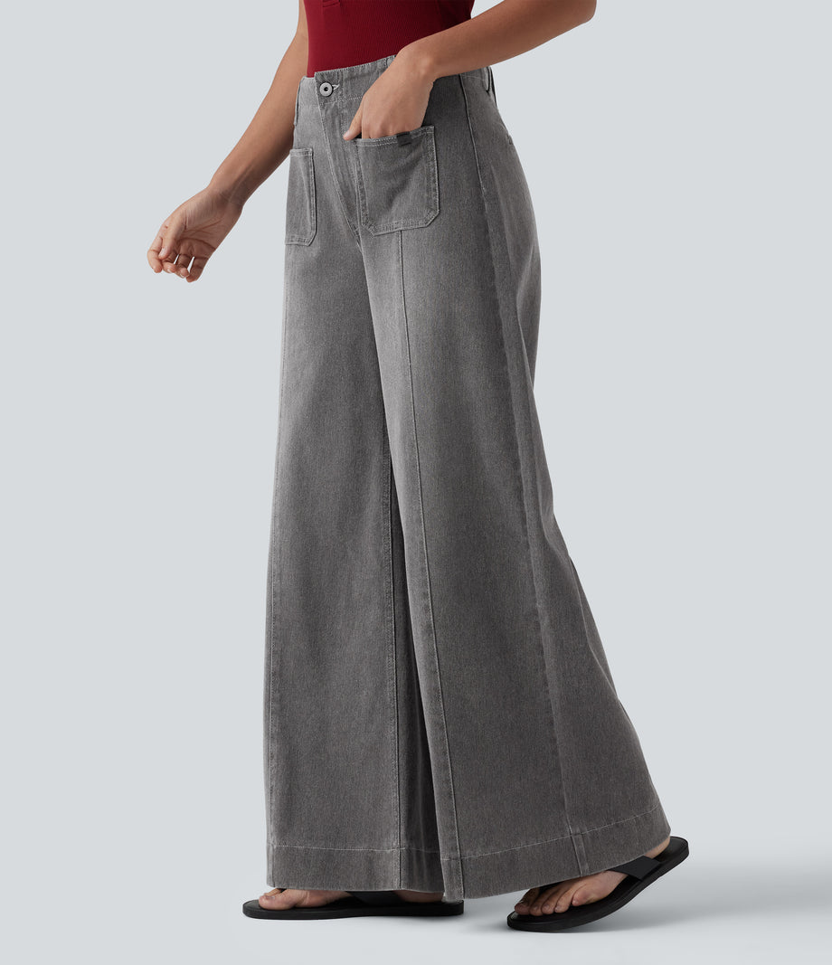 Halara Flex™ High Waisted Pockets Washed Casual Wide Leg Jeans - Cool Gray Denim