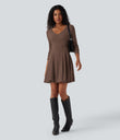 Ribbed Knit V Neck Long Sleeve Flare Mini Casual Dress with Pockets - Earthy Brown Floral Yarn