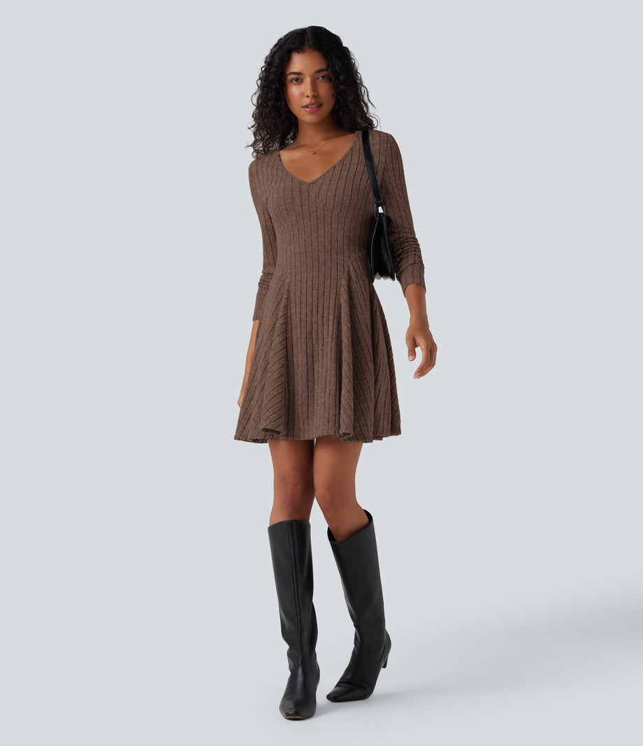Ribbed Knit V Neck Long Sleeve Flare Mini Casual Dress with Pockets - Earthy Brown Floral Yarn