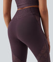 SoftlyZero™ High Waisted Crossover Pocket Contrast Lace Flare Yoga Leggings - Dusky Evening purple