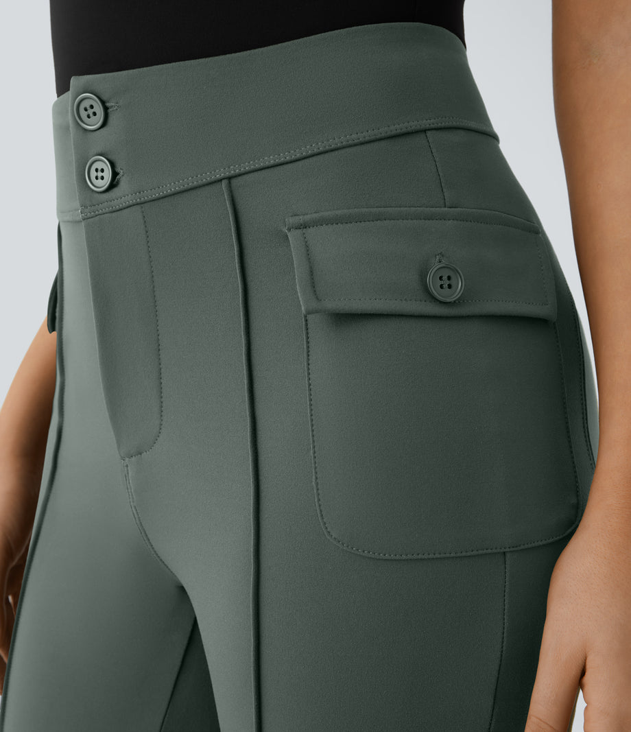High Waisted Side Flap Pocket Flare Casual Cargo Pants - Deep Aquamarine