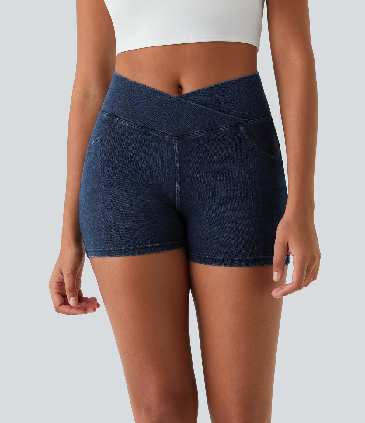 Halara Flex™ High Waisted Crossover Pocket Denim Casual Shorts 3" - Washed Denim Navy Blue