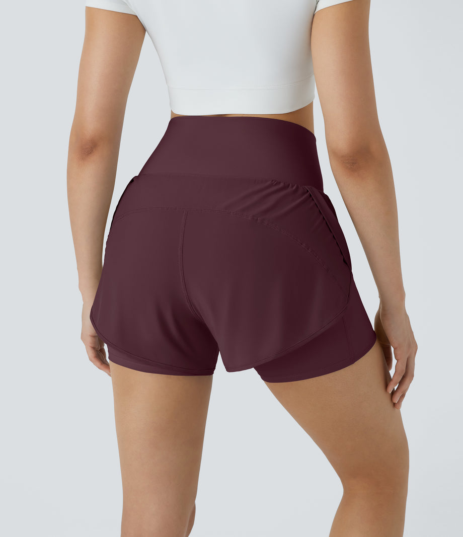 Breezeful™ Super High Waisted Curved Hem 2-in-1 Pocket Quick Dry Yoga Shorts 3.5'' - Berry Red