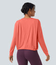Round Neck Long Sleeve Ruched Yoga Sports Top-UPF50+ - Fusion Coral