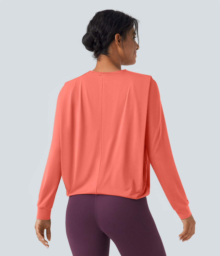 Round Neck Long Sleeve Ruched Yoga Sports Top-UPF50+ - Fusion Coral
