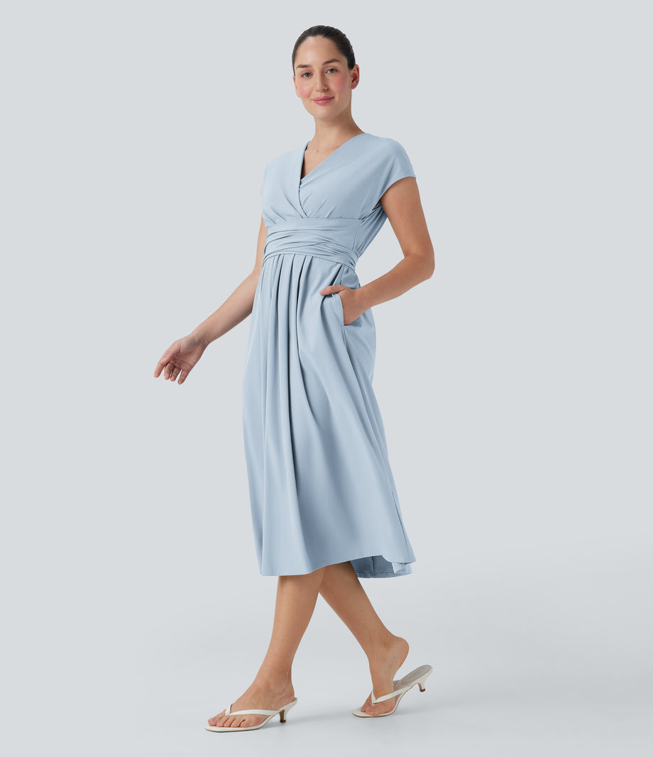 Breezeful™ V Neck Short Sleeve Pocket Tie Back Quick Dry Midi Casual Dress - Baby Blue